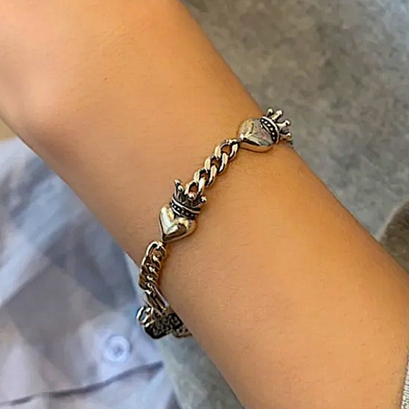 Crown Heart Sterling Silver Chain Link Bracelet Unisex - Picture 1 of 9